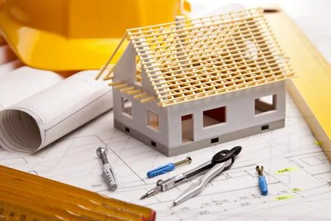 Blueprints and work tools Stock Photos