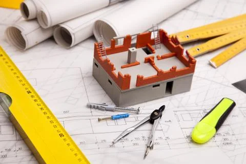 Blueprints and work tools Stock Photos