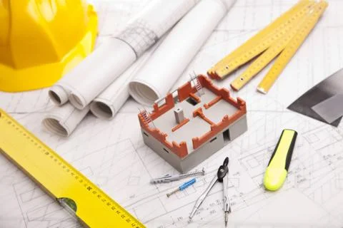 Blueprints and work tools Stock Photos