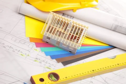 Blueprints and work tools Stock Photos