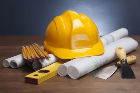 Blueprints and work tools Stock Photos