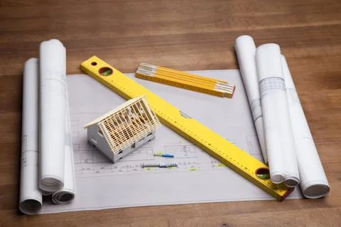 Blueprints and work tools Stock Photos