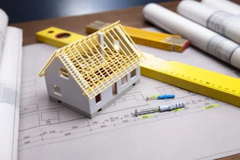 Blueprints and work tools Stock Photos