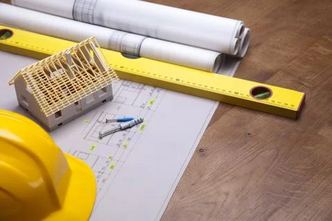 Blueprints and work tools Stock Photos