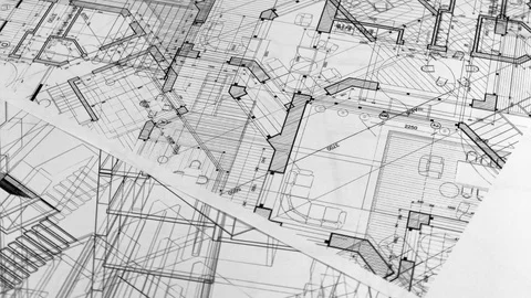 Blueprints: architectural drawings - architectural plan of a modern house Stock Footage 93868744