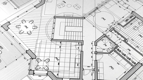 Blueprints: architectural drawings - architectural plan of a modern house Stock Footage 94535864