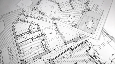 Blueprints: architectural drawings - architectural plan of a modern house Stock Footage 94536097