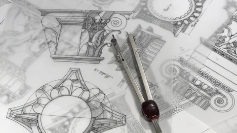 Blueprints - architectural drawings - detail column, compass / seamless looping Stock Footage 96576341