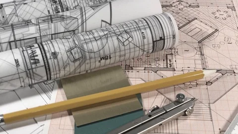 Blueprints: architectural drawings, yardstick - folding ruler &amp; samples Stock Footage 95676853