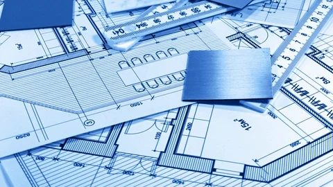 Blueprints: architectural drawings, yardstick - folding ruler &amp; samples Stock Footage 98125341