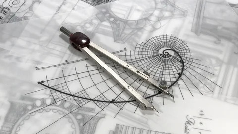 Blueprints - compass, drawing of the golden section and drawings Stock Footage 93996503