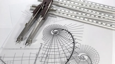 Blueprints - compass, drawing of the golden section and drawings Stock Footage 94962848