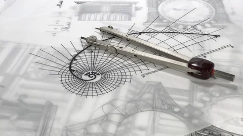 Blueprints - compass, drawing of the golden section and drawings Stock Footage 95087629