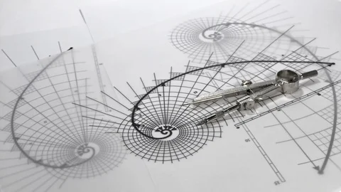 Blueprints - compass, drawing of the golden section Stock Footage 95677386