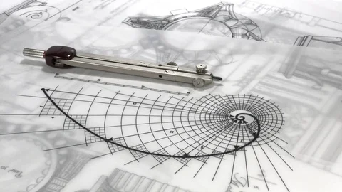 Blueprints - compass, drawing of the golden section and drawings Stock Footage 95677563