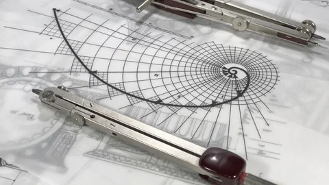 Blueprints - compass, drawing of the golden section / seamless looping Stock Footage 96576267
