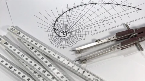 Blueprints - compass, drawing of the golden section and yardstick Stock Footage 96628456