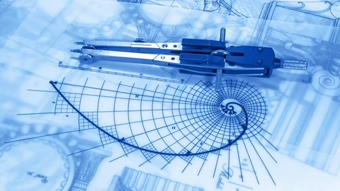 Blueprints - compass, drawing of the golden section and drawings Stock Footage 99410770