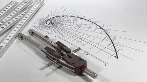 Blueprints - compass, yardstick - folding ruler &amp; drawing of the golden section Stock Footage 94761202