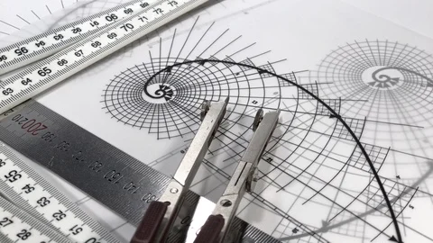 Blueprints - compass, yardstick - folding ruler and golden section Stock Footage 96341805