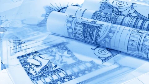 Blueprints - drawing of the golden section and drawings of antique elements Stock Footage 99411065