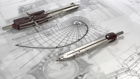 Blueprints - drawing of the golden section, compasses Stock Footage 96586884