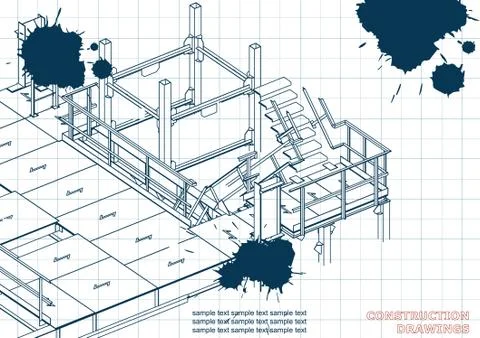 Blueprints. Engineering backgrounds. Draft. Ink. Blots 库存插图