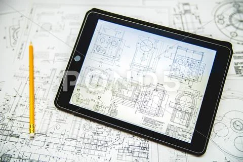 The blueprints engineering for the project near tablet (ipod) and pencil Stock Photos