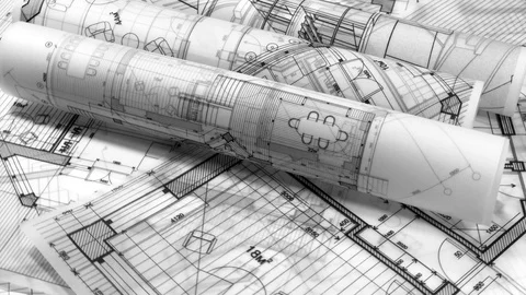 Blueprints - rolls of architectural drawings Stock Footage 93654635