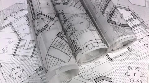 Blueprints - rolls of architectural drawings Stock Footage 93664556
