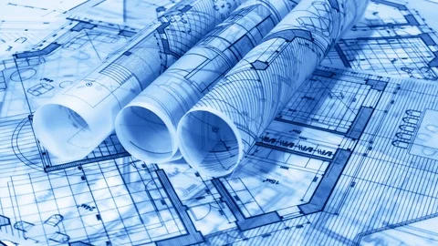 Blueprints - rolls of architectural drawings Stock Footage 116396136