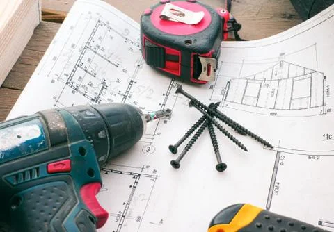 Blueprints with work tools. Stock Photos
