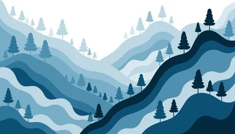 A bluetoned illustration of a mountain range with trees on the hills Stock Illustration