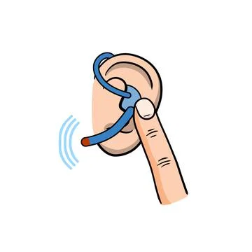Bluetooth in ear. Finger presses the button. Cartoon illustration. Stock Illustration