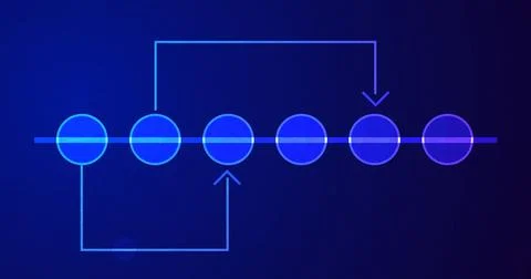 Bluish creative network timeline growth chart with circles blinking. Tech c.. 库存插图