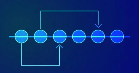 Bluish creative network timeline growth chart with circles blinking. Tech c.. 库存插图