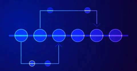 Bluish creative network timeline growth chart with circles blinking. Tech c.. 库存插图