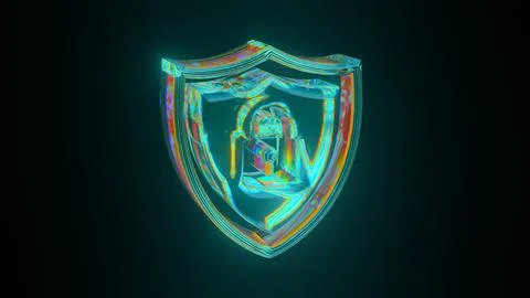 Bluish Green Glowing Shield Lock Symbol 3D Rendering Glass Dispersion Effect Stock Illustration