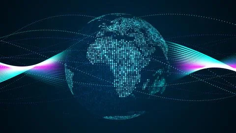 Bluish Green Mosaic Binary Digital Number Globe Africa Europe Twisted Dots Lines Illustrazione stock