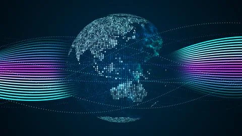 Bluish Green Mosaic Binary Digital Number Globe Asia Australia Twisted Dots Line Stock Illustration