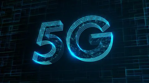 Bluish Green Shiny 3D Perspective 5G Lettering Lines Square Dots Fractal Digital Stock Illustration