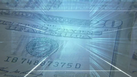 Bluish light sparking camera pullback, revealing US20 note, portrait sharpening, Stock Footage 335211659