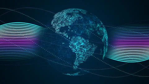 Bluish Mosaic Binary Digital Number Globe America Continent Twisted Dots Line Illustrazione stock