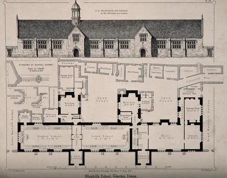Blundell's School, Tiverton, Devon: with keyed floor plan. Transfer lithogr.. Illustrazione stock
