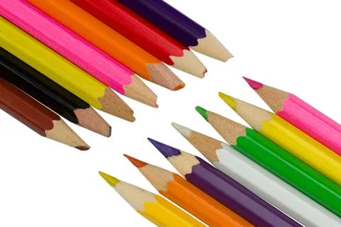 Blunt and sharp colored pencils on the diagonal Foto stock