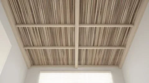 Blur background, ceiling close-up in eco modern interior, wooden bamboo ceili Ilustración de archivo