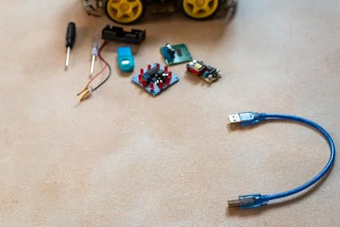 Blur background for copy space text on robotics, assembly and repair of mic.. 스톡 사진