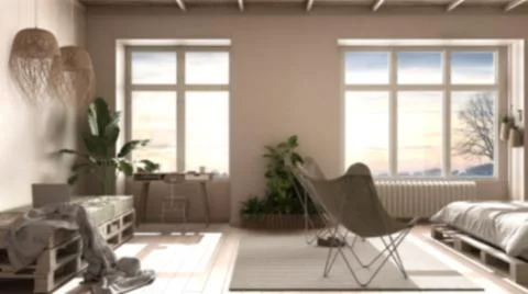 Blur background, country rustic bedroom with sofa, eco interior design, susta Illustrazione stock