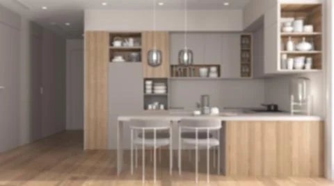Blur background, cozy kitchen and dining room in modern apartment, table with Illustrazione stock