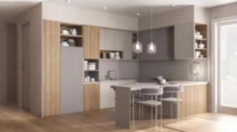 Blur background, cozy kitchen and dining room in modern apartment, table with Illustrazione stock